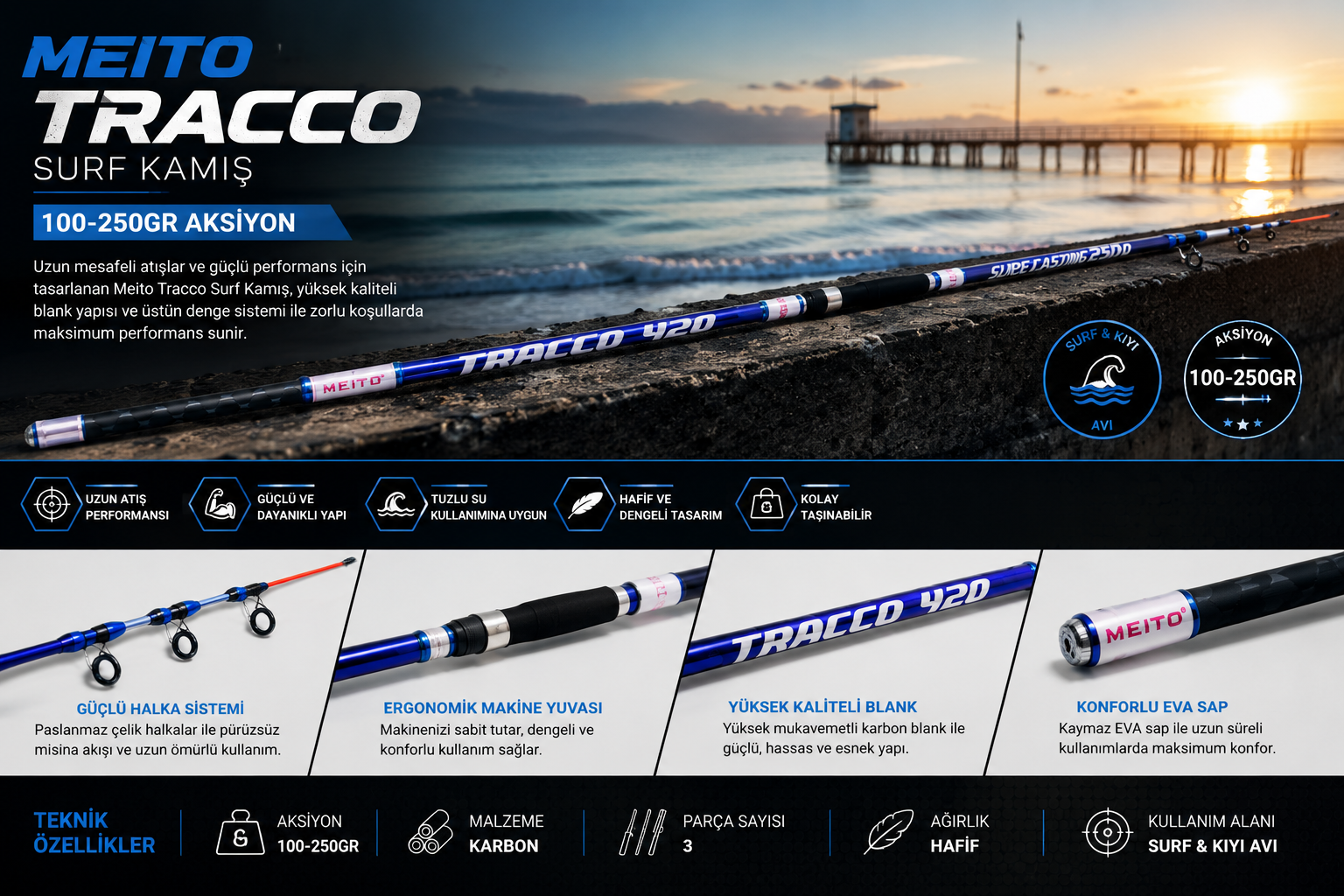 Meito Tracco Surf Kamış 390cm 100-250gr