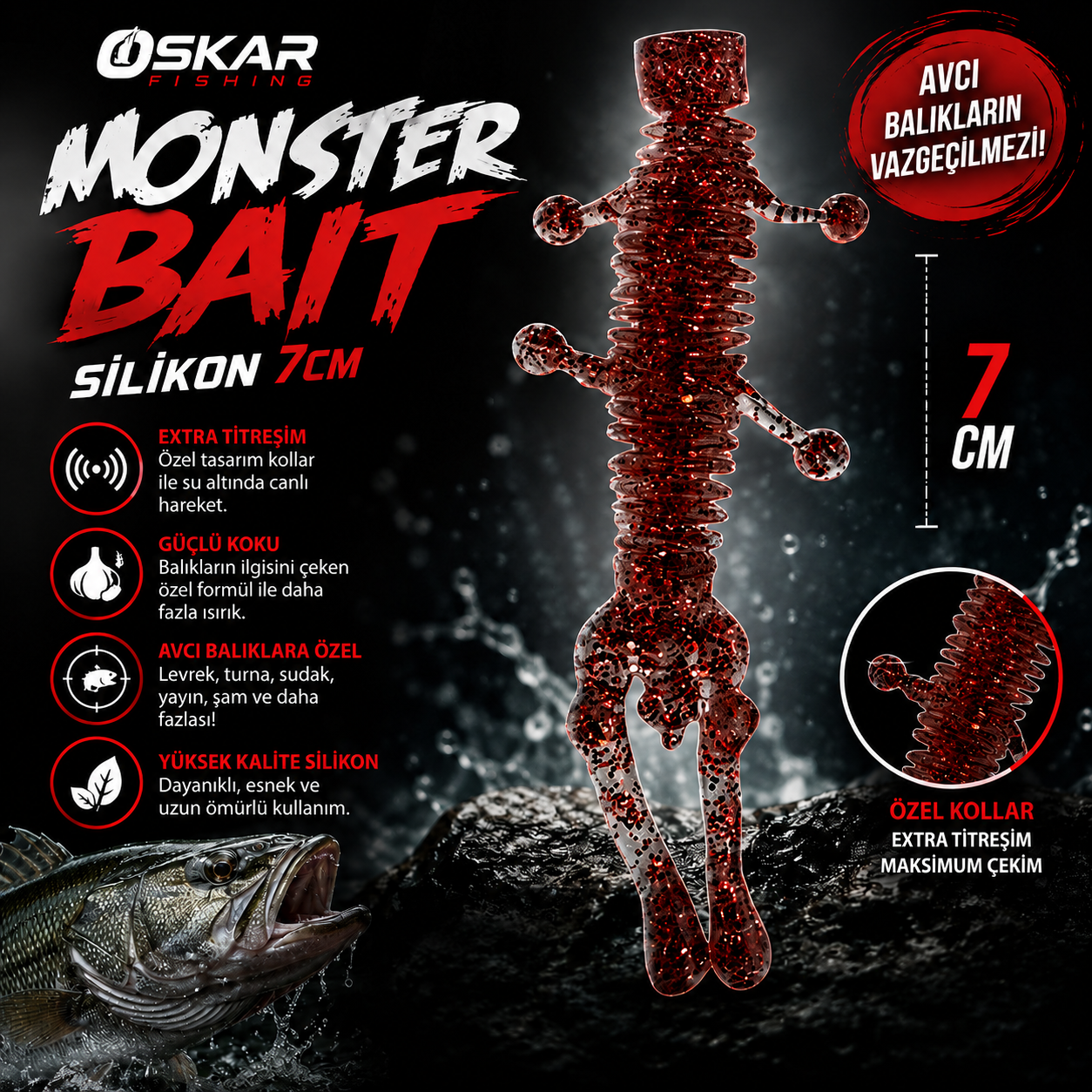 Oskar Monster Bait Silikon 7cm Simli Kırmızı 5 Adet