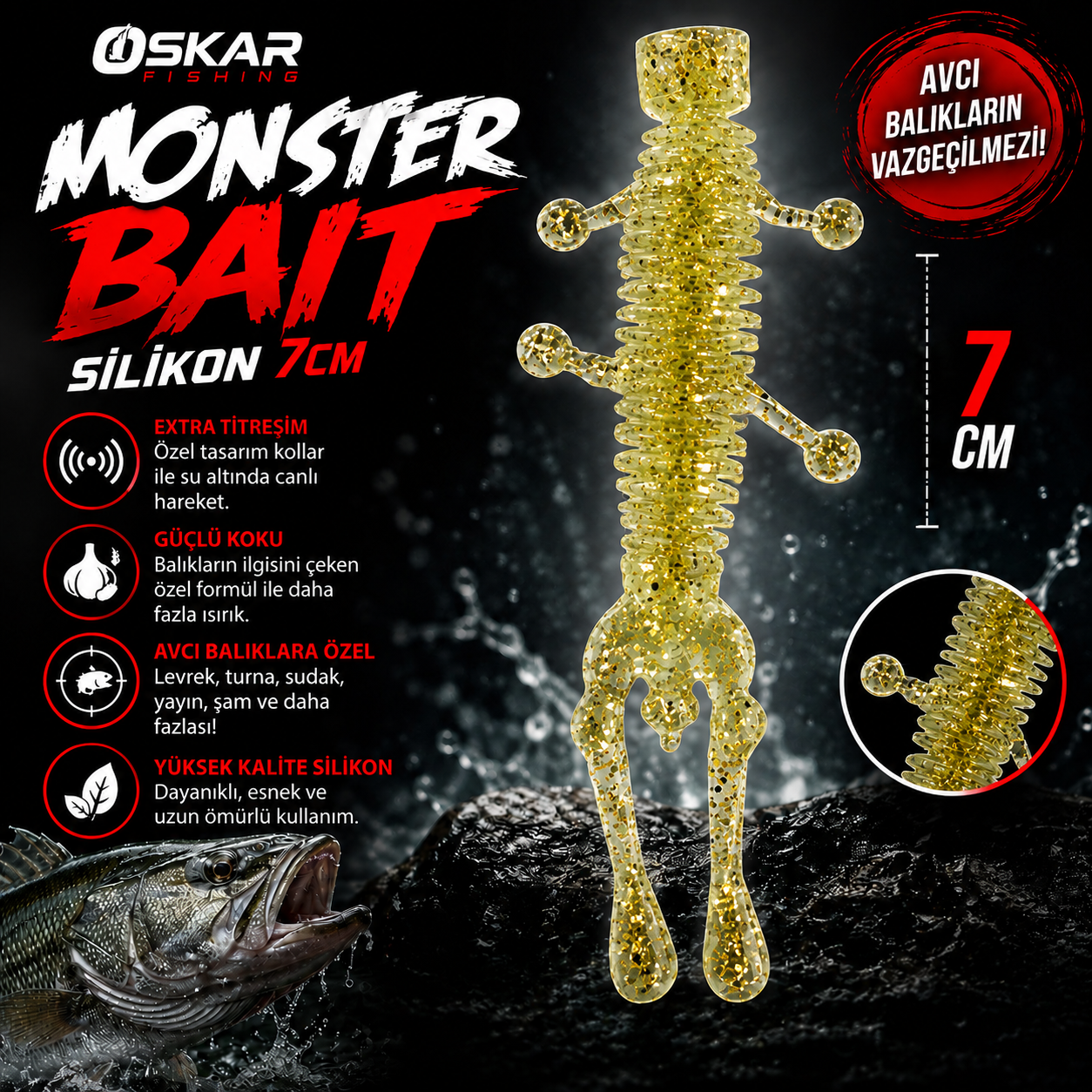 Oskar Monster Bait Silikon 7cm Simli Sarı 5 Adet
