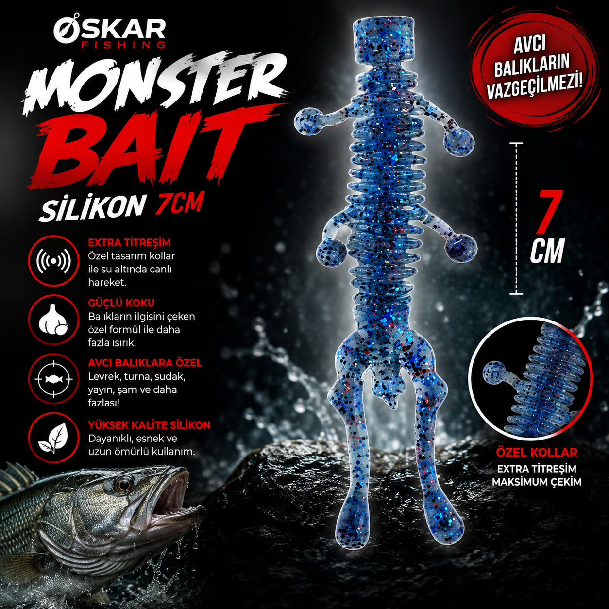 Oskar Monster Bait Silikon 7cm Simli Mavi 5 Adet