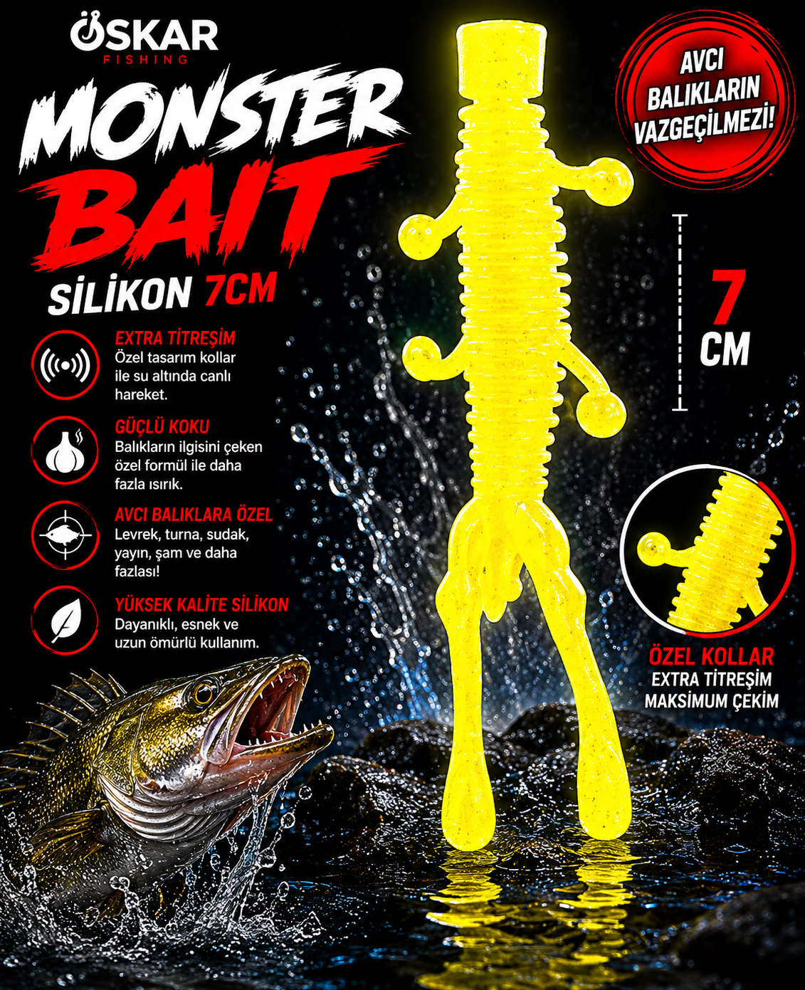 Oskar Monster Bait Silikon 7cm Sarı 5 Adet